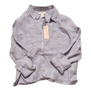 Rachel Zoe 100% Linen Blouse Button Up Top Womens Large Light Blue/Gray NWT